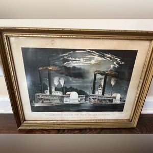 Midnight race on the Mississippi Currier and Ives lithograph - 1875